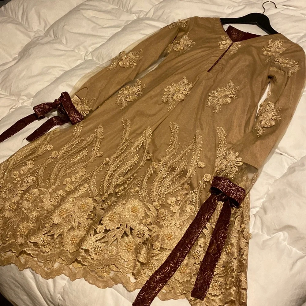 Maroon and beige asymmetrical organza Pakistani suit